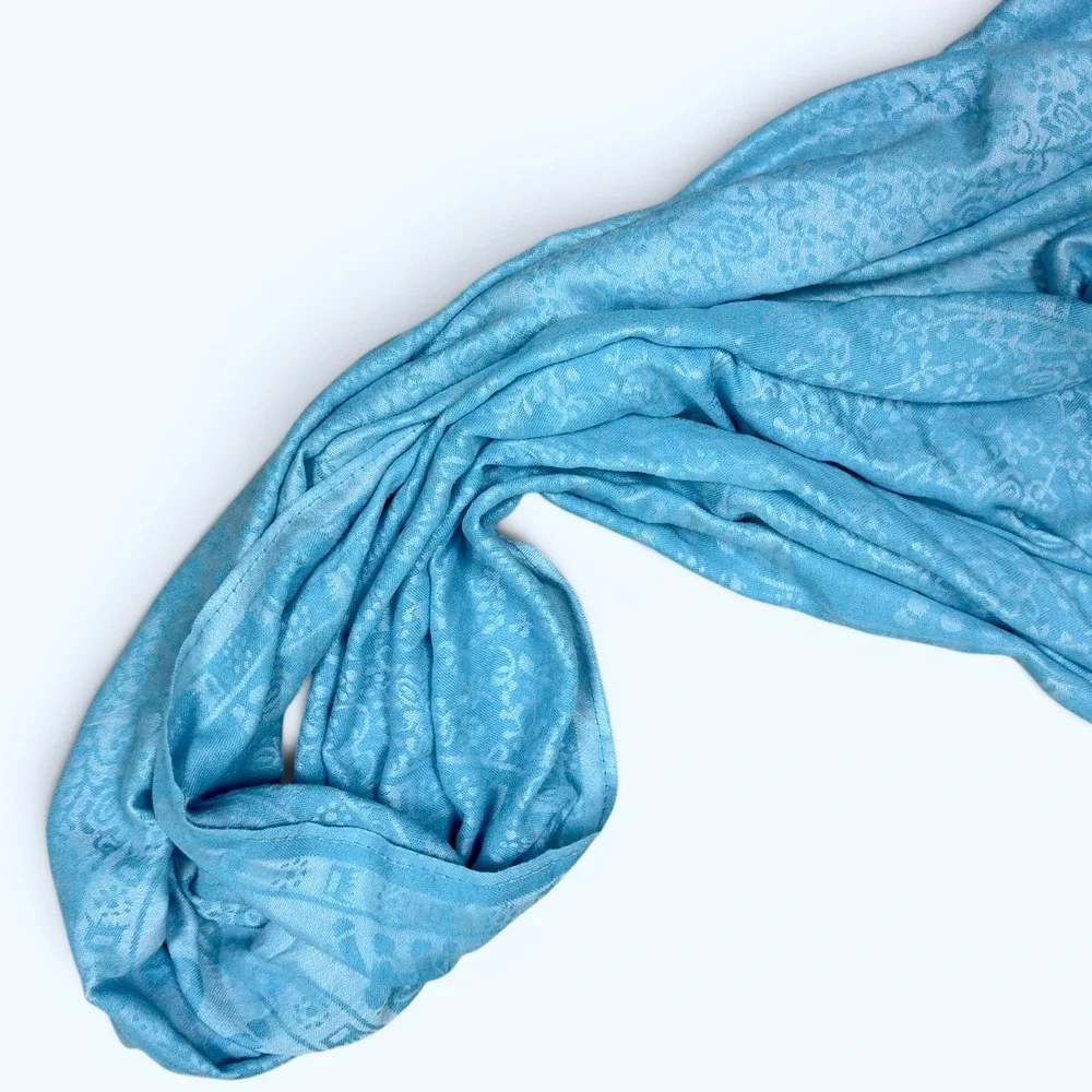 Boho Elephant Cashmere Pashmina Scarf Shawl Sky Blue Fringe Ethereal Timeless